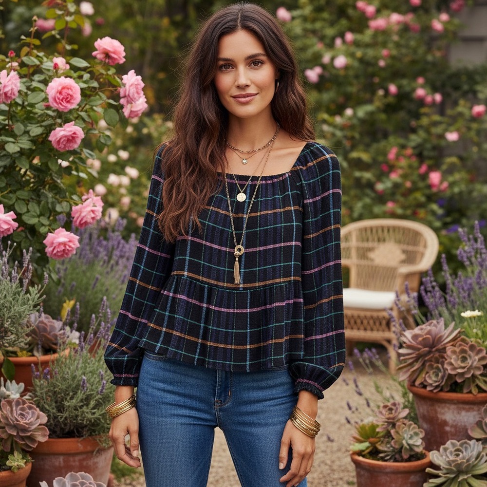New Loft S Top Black Plaid Square Neck Peplum Bohoโ Cottage Prairie Whimsigoth